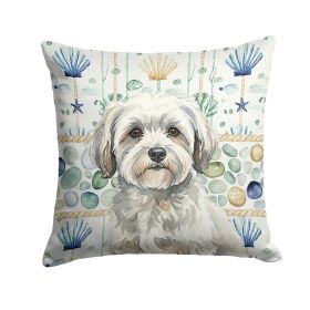 White with Gray Coton de Tulear Coastal Sea Glass Throw Pillow Decorative Indoor Outdoor Accent Cushion for Couch, Bed or Patio, 14Hx14W