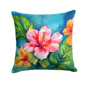 Hawaii Hawaiian Hibiscus in Watercolor Throw Pillow Machine Washable, Indoor Outdoor Decorative Pillow for Couch, Bed or Patio, 14Hx14W