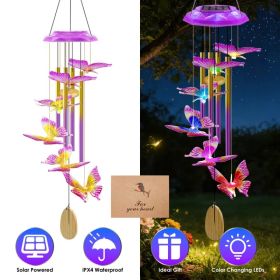 Solar Wind Chime With Aluminum Tubes 7 Color Changing Wind Chime For Outside IP44 Waterproof Outdoor Garden Yard Decor Spring Summer (Option: PurpleButterfly)