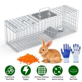 Live Animal Trap Cage 27x7.5x8in Folding Catch And Release Steel Humane Cat Trap For Racoons Stray Cats Rabbits Beavers Hedgehogs Chipmunk Small (Option: Silver)