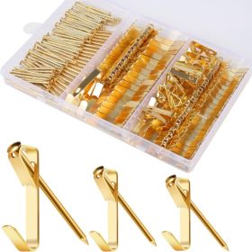 184 Pieces Picture Hanging Kit 20lb 30lb 50lb Picture Hangers Metal Hooks With Nails For Drywall Wooden Wall Gold (Option: Gold)